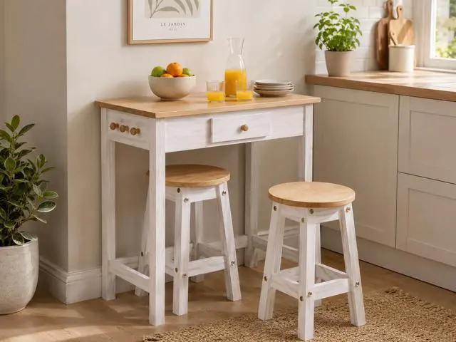 Alt view image 3 of 6 - Breakfast Table Set with Stools, Solid Wood Kitchen Table and 2 Stools, Space-Saving Dining Set for Small Spaces, Apartments, Kitchen and Dining Room