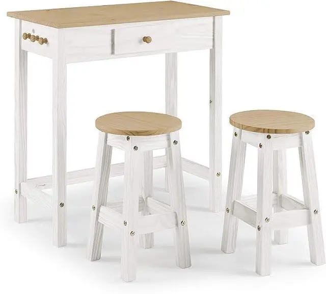Alt view image 4 of 6 - Breakfast Table Set with Stools, Solid Wood Kitchen Table and 2 Stools, Space-Saving Dining Set for Small Spaces, Apartments, Kitchen and Dining Room