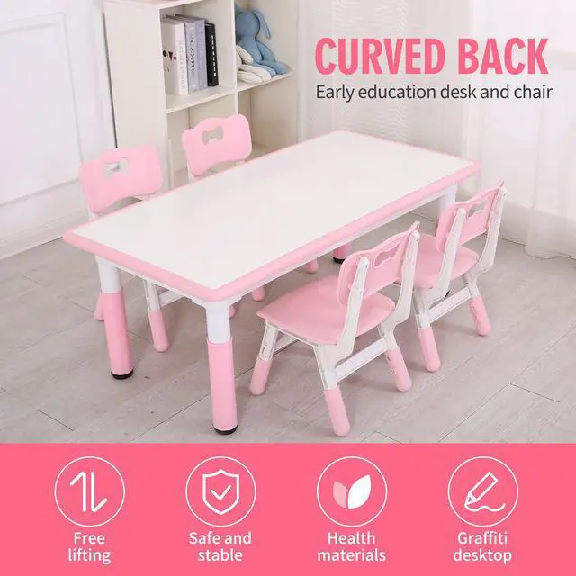 Alt view image 2 of 6 - Kids Table and Chairs, Height Adjustable Toddler Table and Chair Set with 4 Chairs, Graffiti Desktop, Classroom/Daycare/Home, Children Multi-Activity Table for Ages 2-8