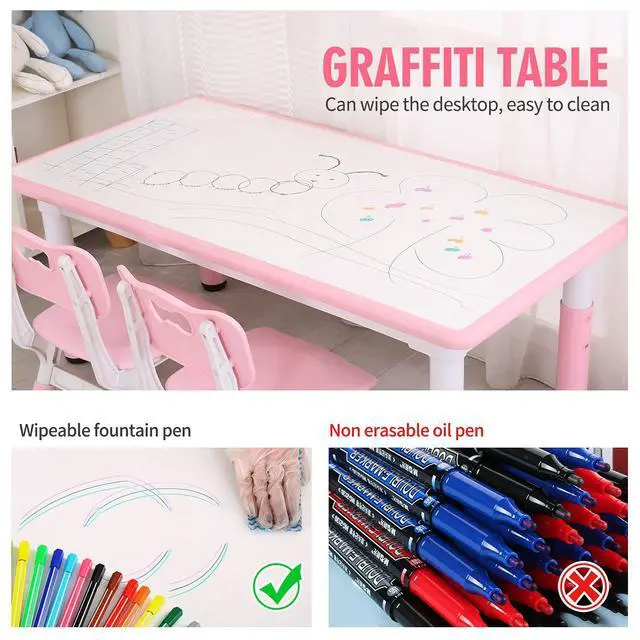 Alt view image 3 of 6 - Kids Table and Chairs, Height Adjustable Toddler Table and Chair Set with 4 Chairs, Graffiti Desktop, Classroom/Daycare/Home, Children Multi-Activity Table for Ages 2-8