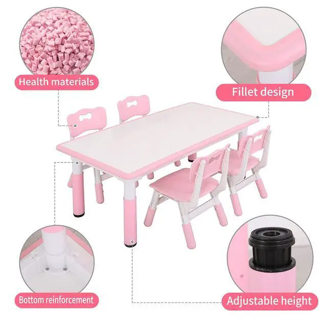 Alt view image 4 of 6 - Kids Table and Chairs, Height Adjustable Toddler Table and Chair Set with 4 Chairs, Graffiti Desktop, Classroom/Daycare/Home, Children Multi-Activity Table for Ages 2-8
