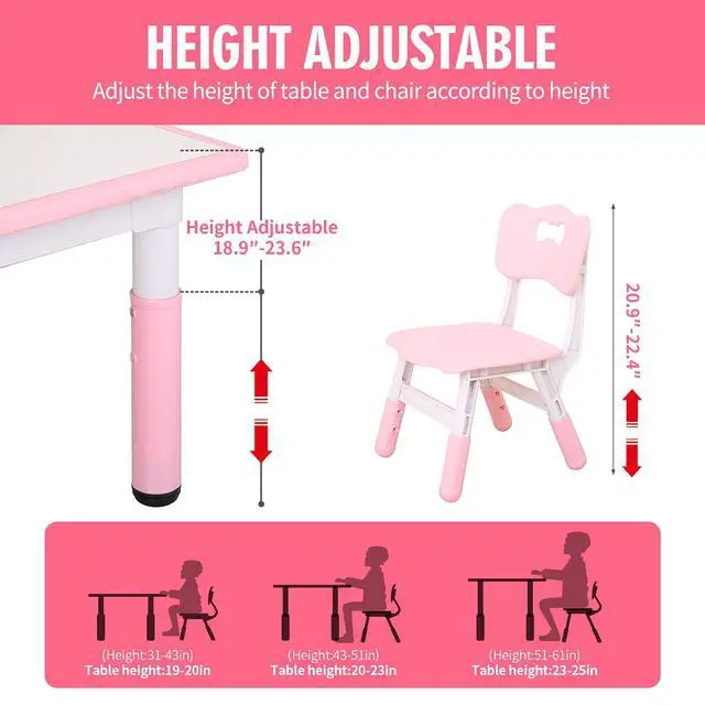 Alt view image 5 of 6 - Kids Table and Chairs, Height Adjustable Toddler Table and Chair Set with 4 Chairs, Graffiti Desktop, Classroom/Daycare/Home, Children Multi-Activity Table for Ages 2-8