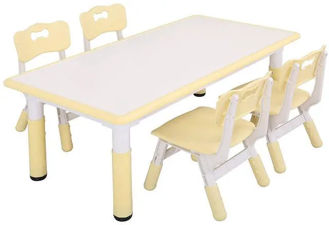 Main image of Kids Study Table and Chairs Set, Height Adjustable Plastic Children Art Desk with 4 Seats, Kids Multi Activity Table Set (White Top + Yellow Border)