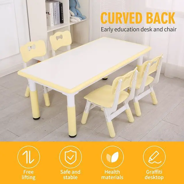 Alt view image 2 of 6 - Kids Study Table and Chairs Set, Height Adjustable Plastic Children Art Desk with 4 Seats, Kids Multi Activity Table Set (White Top + Yellow Border)