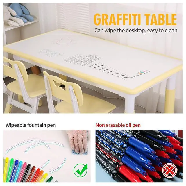 Alt view image 3 of 6 - Kids Study Table and Chairs Set, Height Adjustable Plastic Children Art Desk with 4 Seats, Kids Multi Activity Table Set (White Top + Yellow Border)