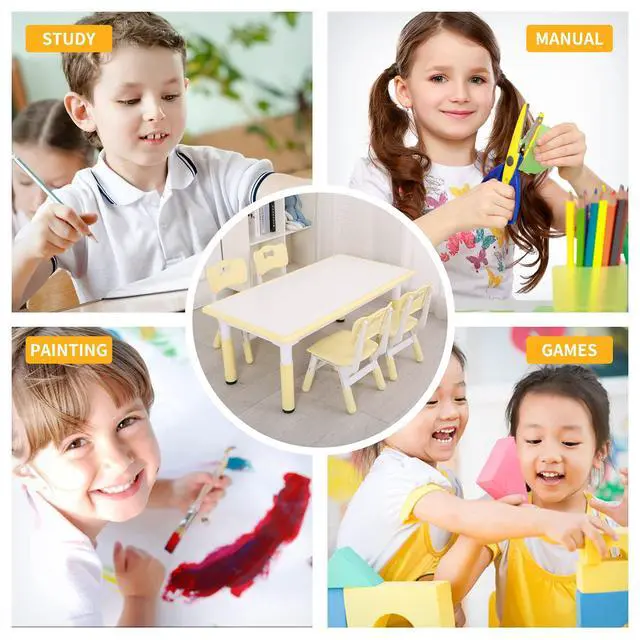 Alt view image 4 of 6 - Kids Study Table and Chairs Set, Height Adjustable Plastic Children Art Desk with 4 Seats, Kids Multi Activity Table Set (White Top + Yellow Border)