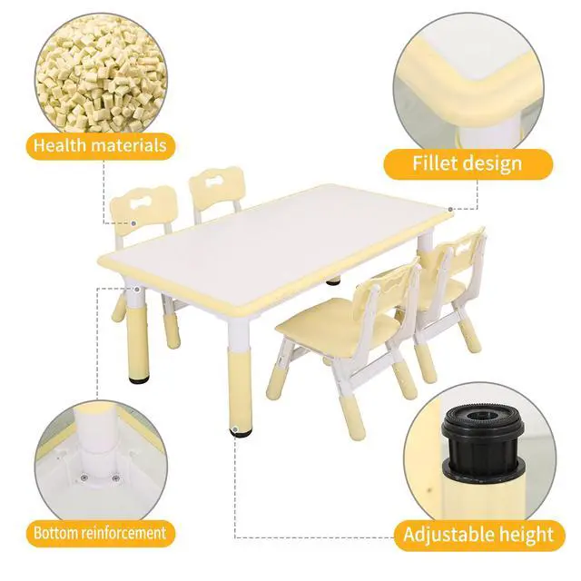 Alt view image 5 of 6 - Kids Study Table and Chairs Set, Height Adjustable Plastic Children Art Desk with 4 Seats, Kids Multi Activity Table Set (White Top + Yellow Border)