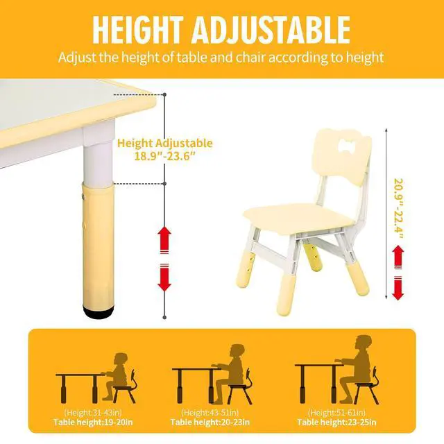 Alt view image 6 of 6 - Kids Study Table and Chairs Set, Height Adjustable Plastic Children Art Desk with 4 Seats, Kids Multi Activity Table Set (White Top + Yellow Border)