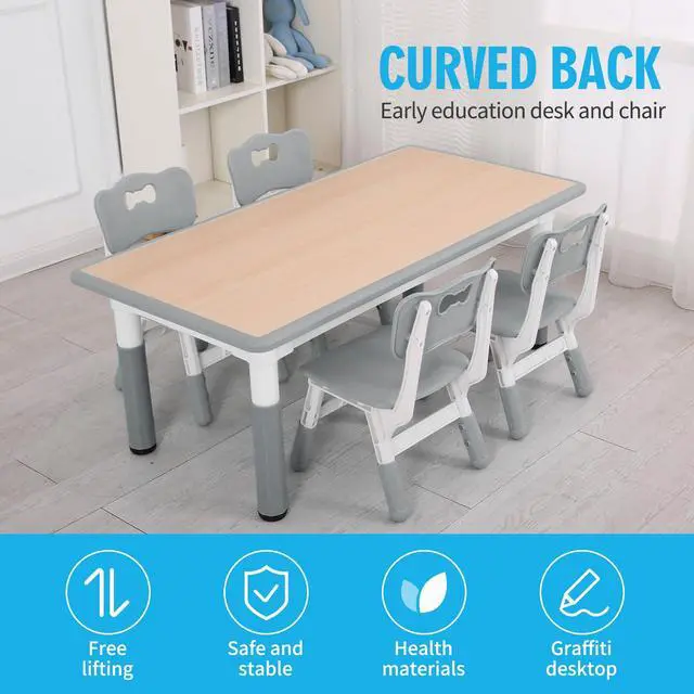 Alt view image 2 of 6 - Kids Table and Chairs, Height Adjustable Toddler Table and Chair Set with 4 Chairs, Graffiti Desktop, Classroom/Daycare/Home, Children Multi-Activity Table for Ages 2-8