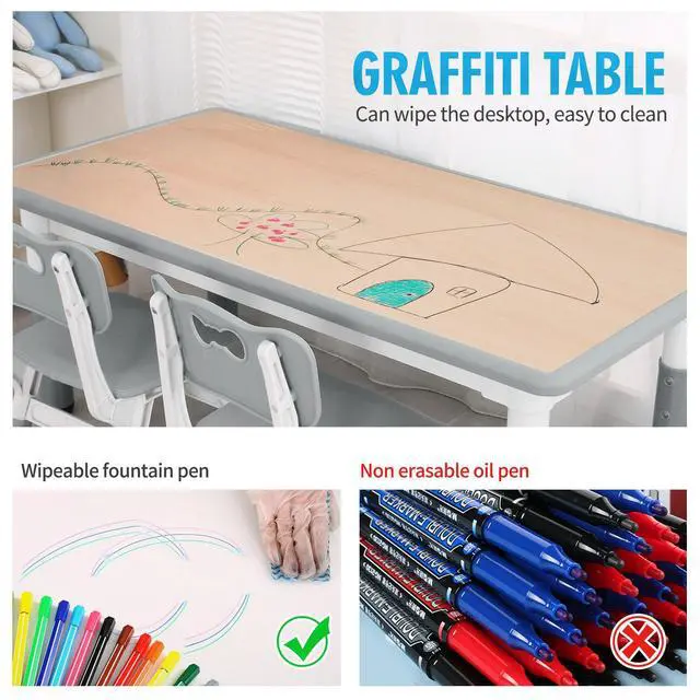 Alt view image 3 of 6 - Kids Table and Chairs, Height Adjustable Toddler Table and Chair Set with 4 Chairs, Graffiti Desktop, Classroom/Daycare/Home, Children Multi-Activity Table for Ages 2-8