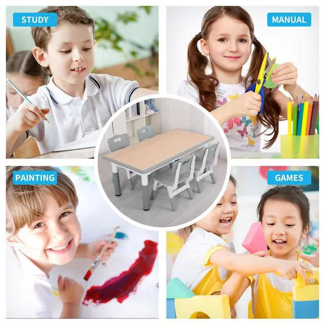 Alt view image 4 of 6 - Kids Table and Chairs, Height Adjustable Toddler Table and Chair Set with 4 Chairs, Graffiti Desktop, Classroom/Daycare/Home, Children Multi-Activity Table for Ages 2-8