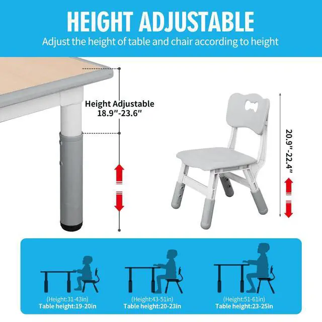 Alt view image 5 of 6 - Kids Table and Chairs, Height Adjustable Toddler Table and Chair Set with 4 Chairs, Graffiti Desktop, Classroom/Daycare/Home, Children Multi-Activity Table for Ages 2-8