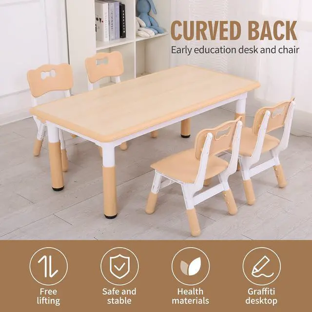 Alt view image 2 of 6 - Kids Table and Chairs, Height Adjustable Toddler Table and Chair Set with 4 Chairs, Graffiti Desktop, Classroom/Daycare/Home, Children Multi-Activity Table for Ages 2-8