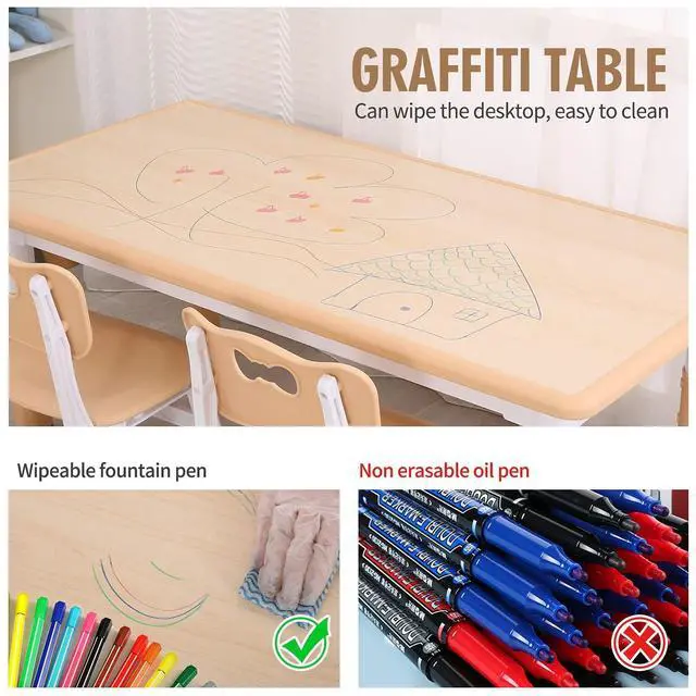 Alt view image 3 of 6 - Kids Table and Chairs, Height Adjustable Toddler Table and Chair Set with 4 Chairs, Graffiti Desktop, Classroom/Daycare/Home, Children Multi-Activity Table for Ages 2-8