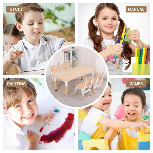 Alt view image 4 of 6 - Kids Table and Chairs, Height Adjustable Toddler Table and Chair Set with 4 Chairs, Graffiti Desktop, Classroom/Daycare/Home, Children Multi-Activity Table for Ages 2-8