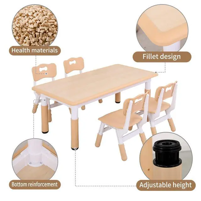 Alt view image 5 of 6 - Kids Table and Chairs, Height Adjustable Toddler Table and Chair Set with 4 Chairs, Graffiti Desktop, Classroom/Daycare/Home, Children Multi-Activity Table for Ages 2-8