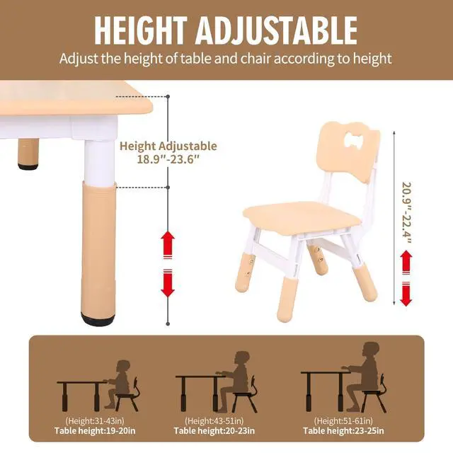 Alt view image 6 of 6 - Kids Table and Chairs, Height Adjustable Toddler Table and Chair Set with 4 Chairs, Graffiti Desktop, Classroom/Daycare/Home, Children Multi-Activity Table for Ages 2-8