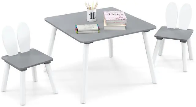 Main image of Kids Table and Chair Set, Children Wooden Activity Table & 2 Chairs Set, Solid Wood Legs, Easy Assembly, 3 Piece Rabbit Themed Toddler Furniture Set for Art Craft (Gray)