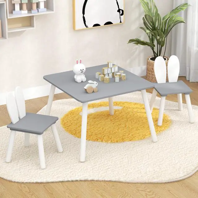 Alt view image 2 of 6 - Kids Table and Chair Set, Children Wooden Activity Table & 2 Chairs Set, Solid Wood Legs, Easy Assembly, 3 Piece Rabbit Themed Toddler Furniture Set for Art Craft (Gray)