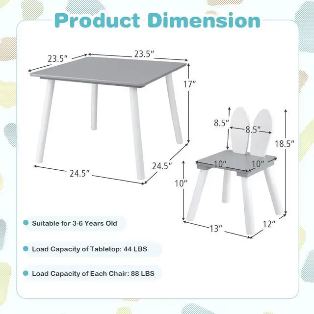 Alt view image 3 of 6 - Kids Table and Chair Set, Children Wooden Activity Table & 2 Chairs Set, Solid Wood Legs, Easy Assembly, 3 Piece Rabbit Themed Toddler Furniture Set for Art Craft (Gray)