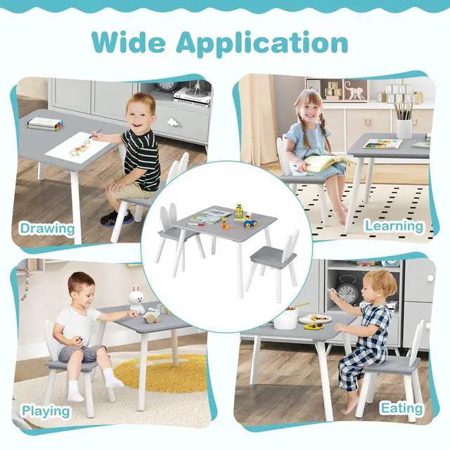 Alt view image 4 of 6 - Kids Table and Chair Set, Children Wooden Activity Table & 2 Chairs Set, Solid Wood Legs, Easy Assembly, 3 Piece Rabbit Themed Toddler Furniture Set for Art Craft (Gray)