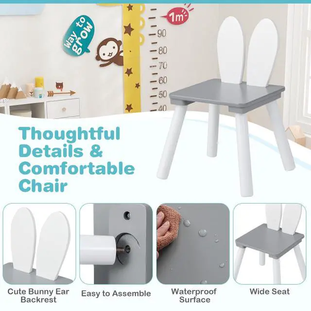 Alt view image 5 of 6 - Kids Table and Chair Set, Children Wooden Activity Table & 2 Chairs Set, Solid Wood Legs, Easy Assembly, 3 Piece Rabbit Themed Toddler Furniture Set for Art Craft (Gray)