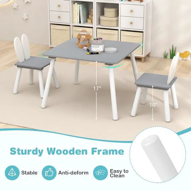 Alt view image 6 of 6 - Kids Table and Chair Set, Children Wooden Activity Table & 2 Chairs Set, Solid Wood Legs, Easy Assembly, 3 Piece Rabbit Themed Toddler Furniture Set for Art Craft (Gray)