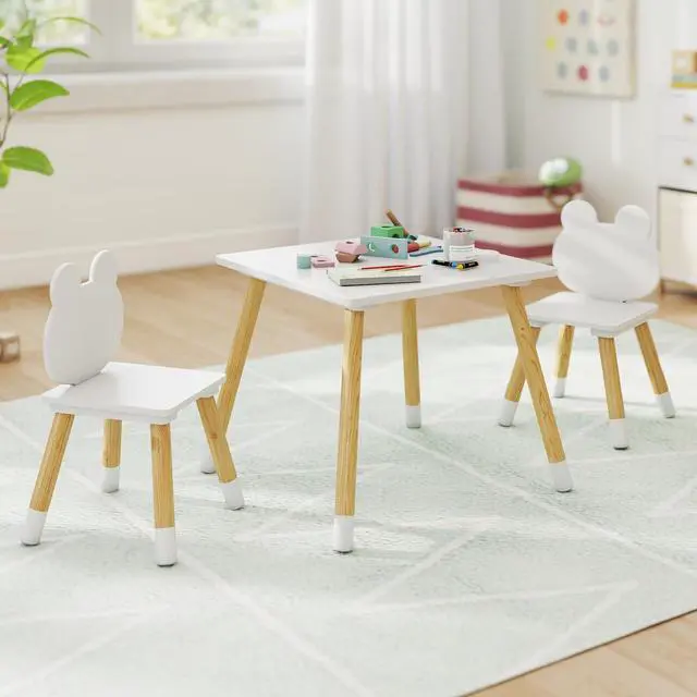 Alt view image 2 of 6 - Kids Table and Chair Set, Children Wooden Activity Table & 2 Chairs Set, Solid Wood Legs, Easy Assembly, 3 Piece Froggy Themed Toddler Furniture Set for Art Craft