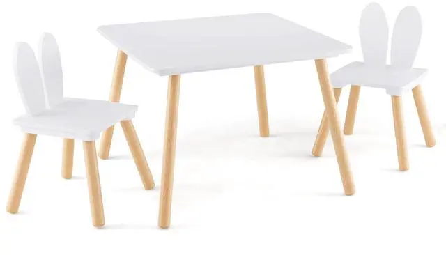 Main image of Kids Table and Chair Set, Children Wooden Activity Table & 2 Chairs Set, Solid Wood Legs, Easy Assembly, 3 Piece Rabbit Themed Toddler Furniture Set for Art Craft (White)