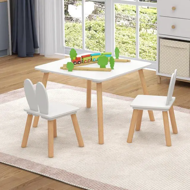 Alt view image 2 of 6 - Kids Table and Chair Set, Children Wooden Activity Table & 2 Chairs Set, Solid Wood Legs, Easy Assembly, 3 Piece Rabbit Themed Toddler Furniture Set for Art Craft (White)