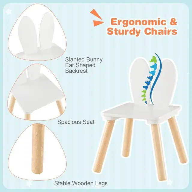 Alt view image 3 of 6 - Kids Table and Chair Set, Children Wooden Activity Table & 2 Chairs Set, Solid Wood Legs, Easy Assembly, 3 Piece Rabbit Themed Toddler Furniture Set for Art Craft (White)