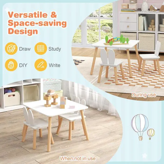 Alt view image 4 of 6 - Kids Table and Chair Set, Children Wooden Activity Table & 2 Chairs Set, Solid Wood Legs, Easy Assembly, 3 Piece Rabbit Themed Toddler Furniture Set for Art Craft (White)