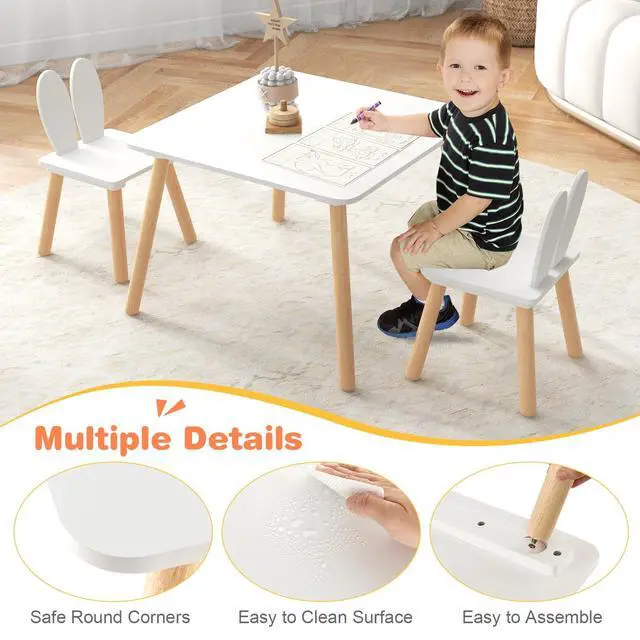 Alt view image 5 of 6 - Kids Table and Chair Set, Children Wooden Activity Table & 2 Chairs Set, Solid Wood Legs, Easy Assembly, 3 Piece Rabbit Themed Toddler Furniture Set for Art Craft (White)