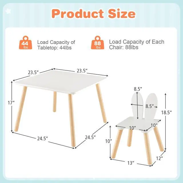 Alt view image 6 of 6 - Kids Table and Chair Set, Children Wooden Activity Table & 2 Chairs Set, Solid Wood Legs, Easy Assembly, 3 Piece Rabbit Themed Toddler Furniture Set for Art Craft (White)