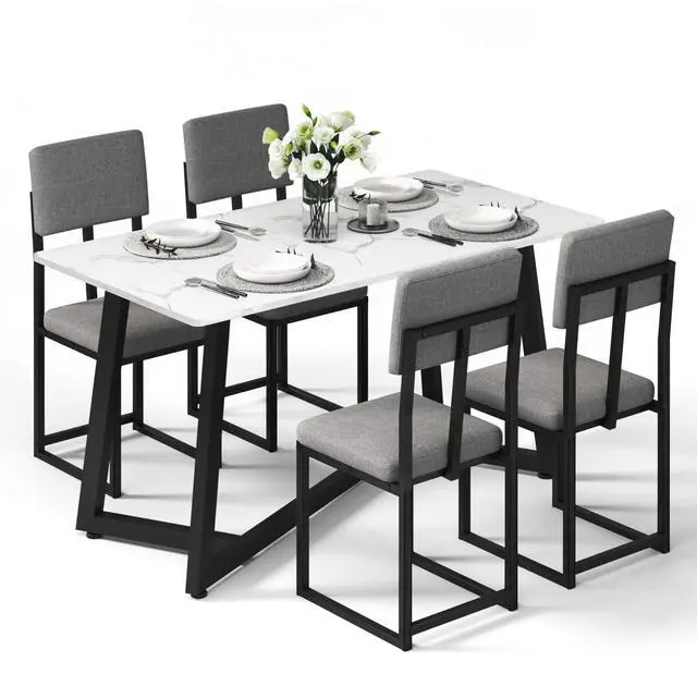 Main image of Dining Table Set for 4, 47.27" Faux Marble Kitchen Table with 4 Upholstered Dining Chairs, Modern Dining Room Set for Apartment & Dining Room (Silver Linen)