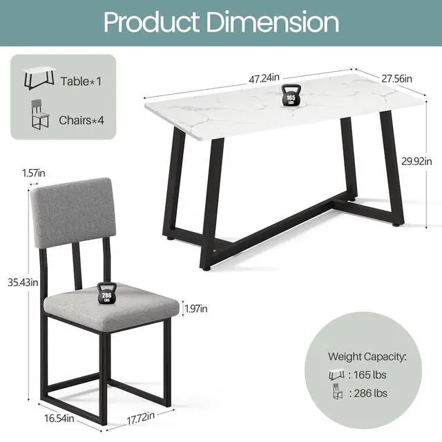 Alt view image 2 of 6 - Dining Table Set for 4, 47.27" Faux Marble Kitchen Table with 4 Upholstered Dining Chairs, Modern Dining Room Set for Apartment & Dining Room (Silver Linen)
