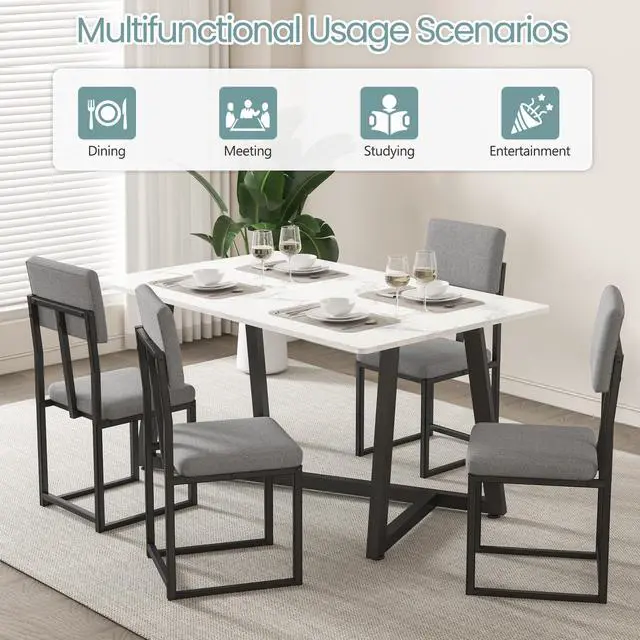 Alt view image 6 of 6 - Dining Table Set for 4, 47.27" Faux Marble Kitchen Table with 4 Upholstered Dining Chairs, Modern Dining Room Set for Apartment & Dining Room (Silver Linen)