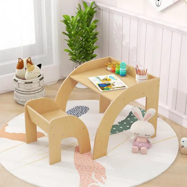 Main image of Kids Table and Chairs, Montessori Weaning Wooden Desk and Chair w/Wide Tabletop, Curved Edges, Space-Saving Design for Kids' Room, Nursery and Playroom, Toddler Table and Chair Set (Natural)