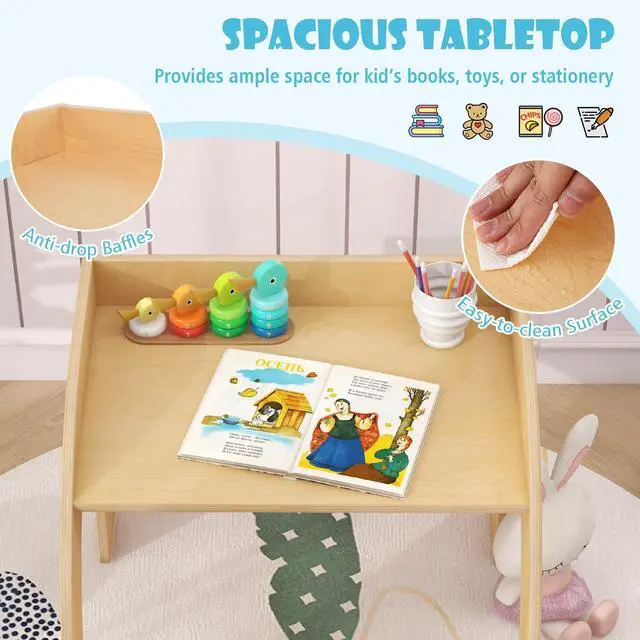 Alt view image 2 of 6 - Kids Table and Chairs, Montessori Weaning Wooden Desk and Chair w/Wide Tabletop, Curved Edges, Space-Saving Design for Kids' Room, Nursery and Playroom, Toddler Table and Chair Set (Natural)