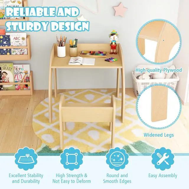 Alt view image 3 of 6 - Kids Table and Chairs, Montessori Weaning Wooden Desk and Chair w/Wide Tabletop, Curved Edges, Space-Saving Design for Kids' Room, Nursery and Playroom, Toddler Table and Chair Set (Natural)