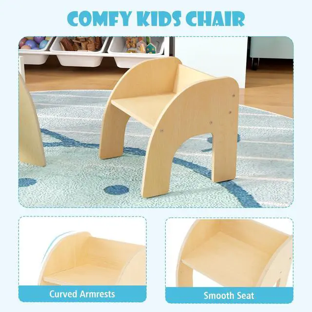 Alt view image 4 of 6 - Kids Table and Chairs, Montessori Weaning Wooden Desk and Chair w/Wide Tabletop, Curved Edges, Space-Saving Design for Kids' Room, Nursery and Playroom, Toddler Table and Chair Set (Natural)