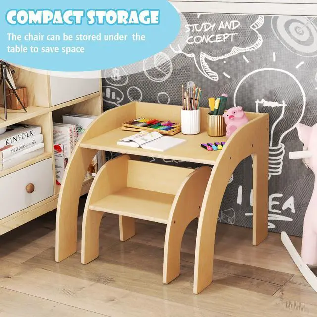 Alt view image 5 of 6 - Kids Table and Chairs, Montessori Weaning Wooden Desk and Chair w/Wide Tabletop, Curved Edges, Space-Saving Design for Kids' Room, Nursery and Playroom, Toddler Table and Chair Set (Natural)