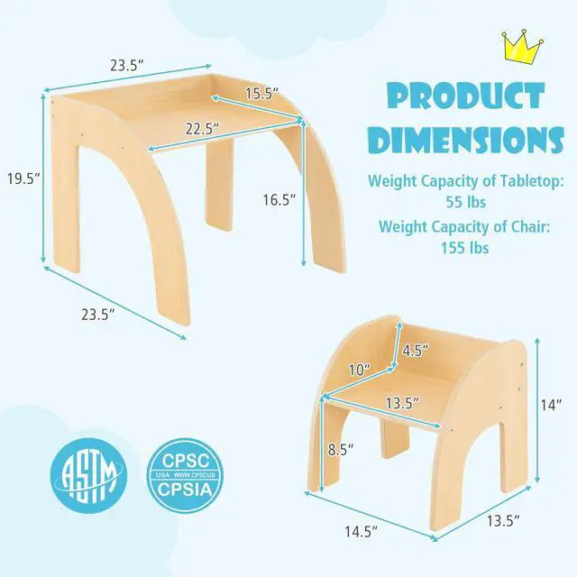 Alt view image 6 of 6 - Kids Table and Chairs, Montessori Weaning Wooden Desk and Chair w/Wide Tabletop, Curved Edges, Space-Saving Design for Kids' Room, Nursery and Playroom, Toddler Table and Chair Set (Natural)