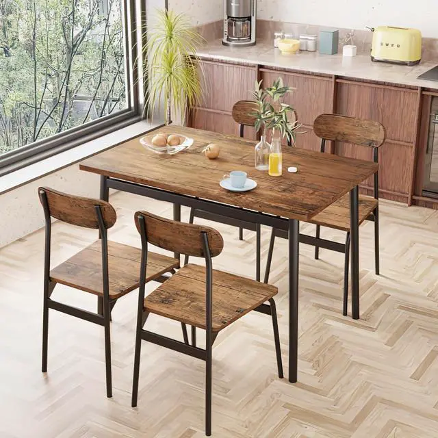 Alt view image 3 of 6 - Dining Table Set for 4, Wood Kitchen Table and Chairs,Oval Backrest Kitchen & Dining Room Tables, Dinette Set for Small Space, Dining Room, Breakfast Nook, Apartment, Brown