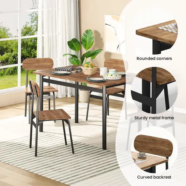 Alt view image 4 of 6 - Dining Table Set for 4, Wood Kitchen Table and Chairs,Oval Backrest Kitchen & Dining Room Tables, Dinette Set for Small Space, Dining Room, Breakfast Nook, Apartment, Brown