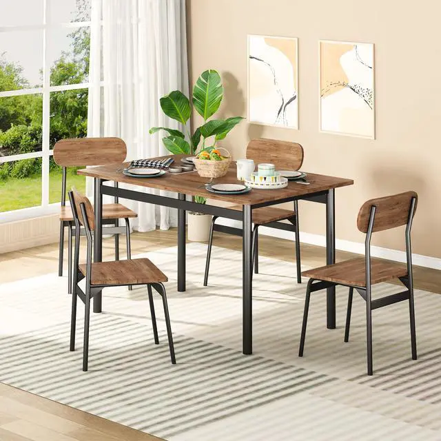 Alt view image 6 of 6 - Dining Table Set for 4, Wood Kitchen Table and Chairs,Oval Backrest Kitchen & Dining Room Tables, Dinette Set for Small Space, Dining Room, Breakfast Nook, Apartment, Brown