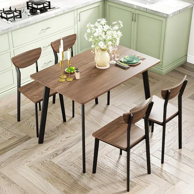 Alt view image 3 of 6 - Dining Table Set for 4, Wood Kitchen Table and Chairs,Curved Backrest Kitchen & Dining Room Tables, Dinette Set for Small Space, Dining Room, Breakfast Nook, Apartment, Walnut