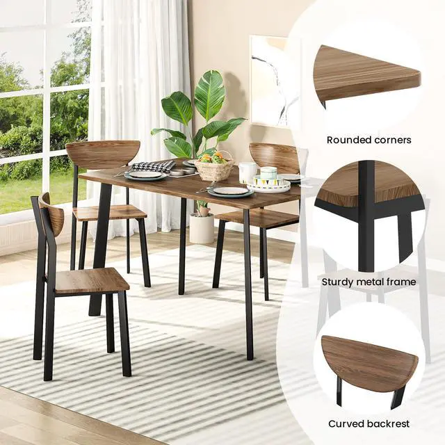 Alt view image 4 of 6 - Dining Table Set for 4, Wood Kitchen Table and Chairs,Curved Backrest Kitchen & Dining Room Tables, Dinette Set for Small Space, Dining Room, Breakfast Nook, Apartment, Walnut