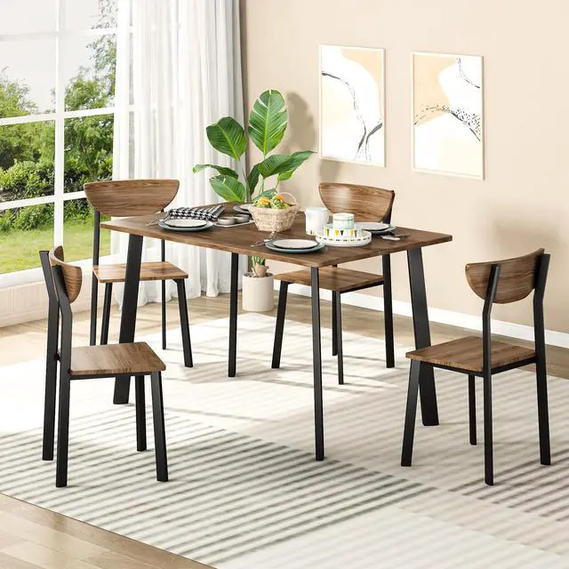 Alt view image 6 of 6 - Dining Table Set for 4, Wood Kitchen Table and Chairs,Curved Backrest Kitchen & Dining Room Tables, Dinette Set for Small Space, Dining Room, Breakfast Nook, Apartment, Walnut
