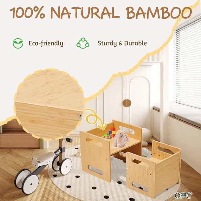 Alt view image 2 of 5 - Montessori Table and Chair Set,Bamboo Wood Weaning Table and Chair Set,Kids Montessori Furniture for Reading,Dining,Playing